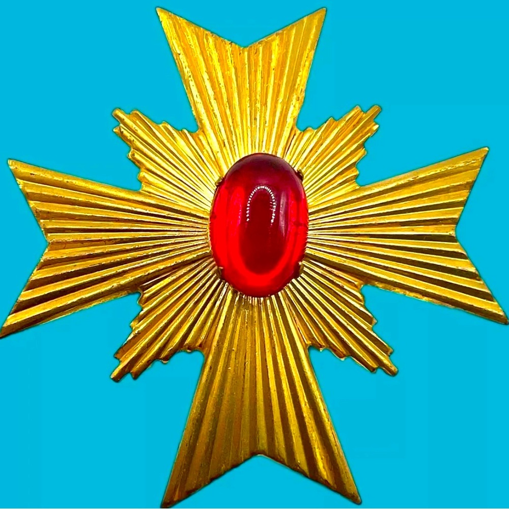 HTF 1950s Miriam Haskell Maltese Cross Red Cabochon Large Brooch Gold Tone
